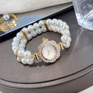 1pc Women's Double Strand Pearl Elastic Crystal Inlaid Alloy Casing Arabic Numeral Dial Casual Quart