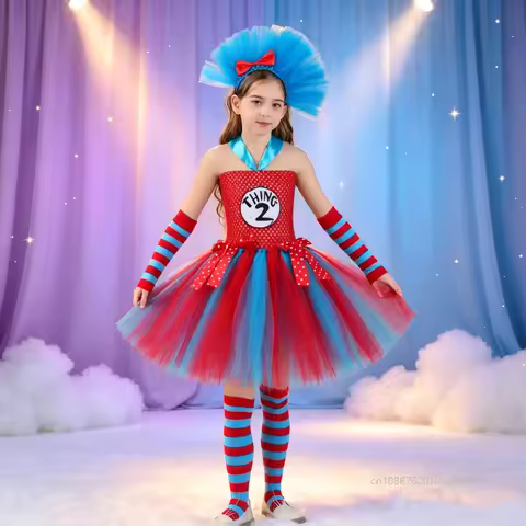 Cartoon Thing1 Thing2 Costumes Sky Blue Red Tulle Tutu Dress Up Clothes Toddler Chicas Halloween Bir