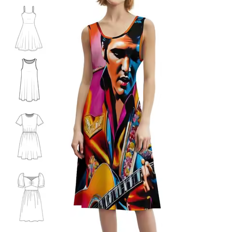 Elvis With Guitar Bohemian Sleeveless Dress Multi-Print Beach Vacation Party Dress Elvis The King Me