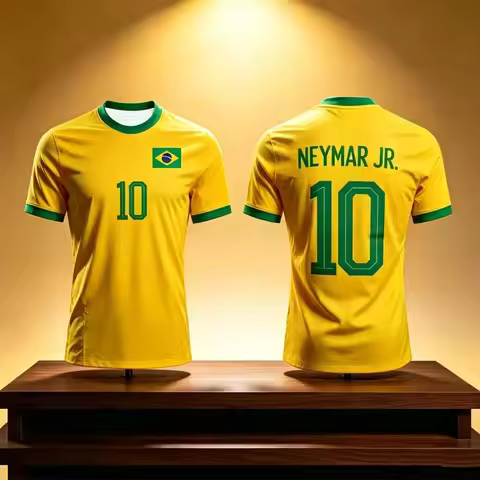 Men Neymar JR #10 Brazil Football Jersey Yellow Short Sleeve Soccer Sports T‑Shirt