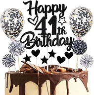 Dalettu Cake Decoration 41st Birthday Man Woman, Cake Topper Happy 41th Birthday Black, Glitter Cake