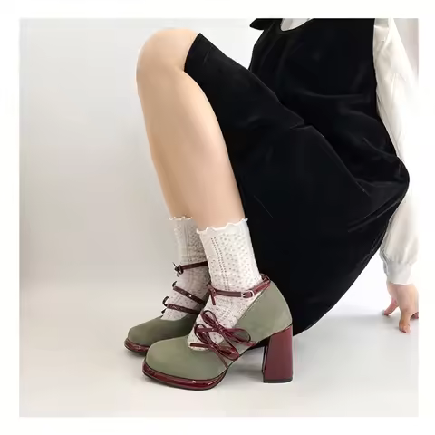 `Women Retro French Mary Jane Pumps 2026 Spring Bow Strap Chunky Block Heel Red Platform Rubber Sole