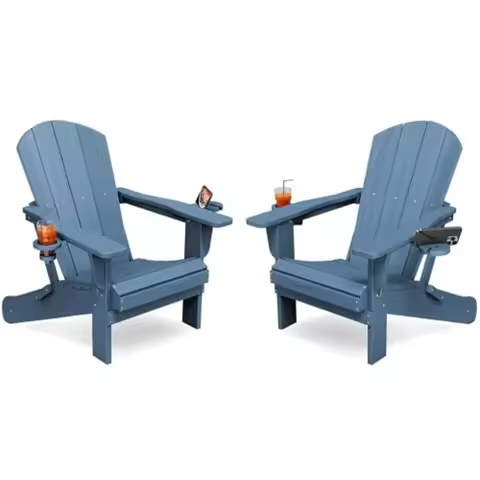 Folding Adirondack Chair Set of 2 with 2 Cup Holders for outdoor use, polywood material, classic gra