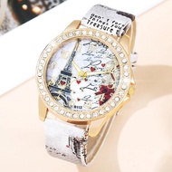 Ladies Fashion Trend Everything Tower Digital Floral Star Printed Leather Watch Band Quartz Watch Birthday Christmas Gift