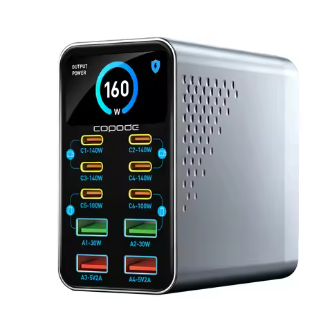 Copode 10-in-1 GaN USB-C Desktop Charging Station PD+QC Digital Display Fast Charger for Laptop Tabl