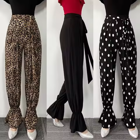 Latin Pants Print Practice Dance Pants Black Polka-Dot Leopard Flare Pants Purple Jazz Modern Dance 