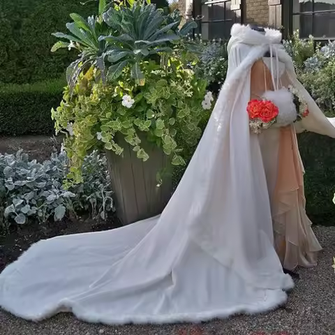 Longue cape de mariée en fausse fourrure, châle d'hiver à capuchon, cape d'accessoires de mariage en