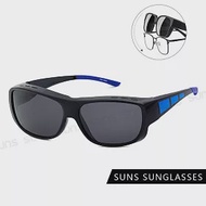 【SUNS】包覆式太陽眼鏡 防滑腳/可套近視眼/可單戴 PC防爆鏡片 S03 黑框藍腳