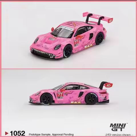 MINIGT 1:64 Pink Dinosaur Porsche 911 GT3 R 77 Alloy Automotive Model Ornament 1052