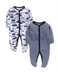 嬰兒男童2件裝拉鍊睡衣,嬰兒連體衣長袖棉質連身衣外出服裝,帶腳睡眠和玩耍