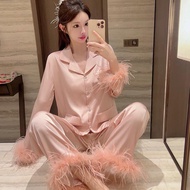 Pajamas Women Spring Autumn Women's Clothing Celebrity Style Lady Feather Sleeve Ice Silk High-End H
