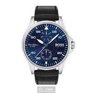 BOSS手錶 HB1513515 44mm銀圓形精鋼錶殼，寶藍色中三針顯示， 雙眼錶面，深黑色真皮皮革錶帶款 _廠商直送