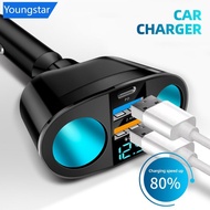 【FY】  Car Socket Splitter Blue Atmosphere Light PD QC3.0 2 USB Charger C Ports For Mobile Phone DVR 