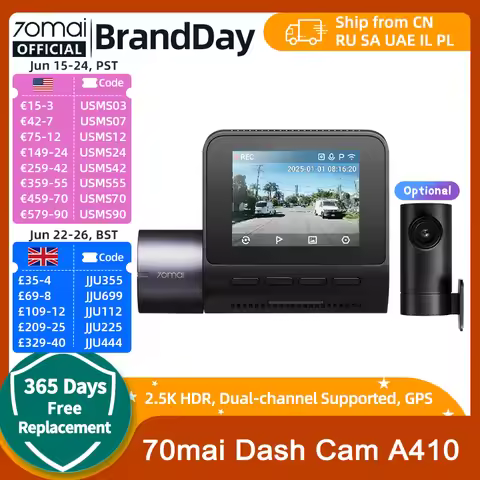 70mai Dash Cam A410 True 2.5K HDR Dual-Channel Supported F1.55 Aperture GPS 24H Parking Max 256GB Ca