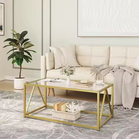 Gold Glass Coffee Table, Modern Living Room Center Table, Easy Assembly, 39.4x19.7x17.7 Inches