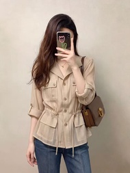QFN | เสื้อเชิ้ตแขนสามส่วนคอปกสีน้ำตาลอ่อนสไตล์เกาหลี ใส่สบาย