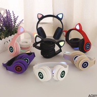 Orio Flash Light Cute Cat Ears Bluetooth Wireless Headphone With Mic Can Control LED Kid Girl Stereo Music Helmet Phone Headset Gift【AOXY】