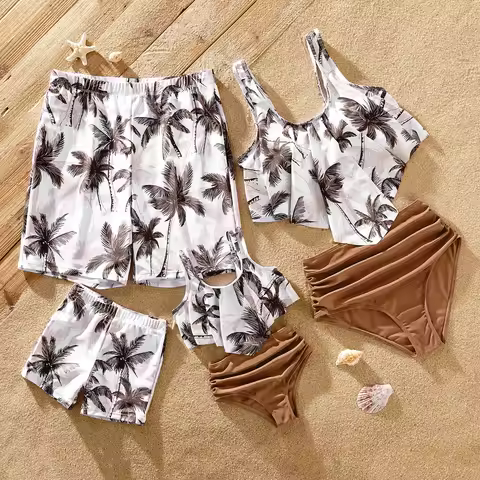 PatPat Family Matching Outfits Swimwears Allover Coconut Tree Print Spliced Ruched One-piece Swimsui