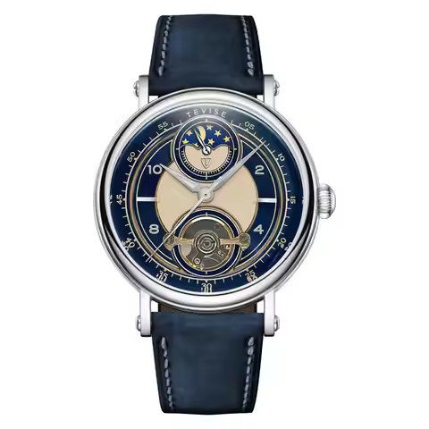 TEVISE Mens Fashion Automatic Skeleton Watch Moon Phase Luminous Hands Business Gift Alloy Case Leat