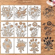 Floral Stencils for Painting - 9 Pcs Reusable Flower Drawing Templates, Vintage Bouquet Stencils for