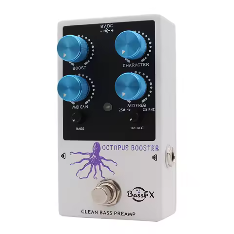 Fanmuzk Preamp Effect Pedal 3-Band EQ for Electric Bass Harmonic Rich Clean Tone Octopus Booster Bas