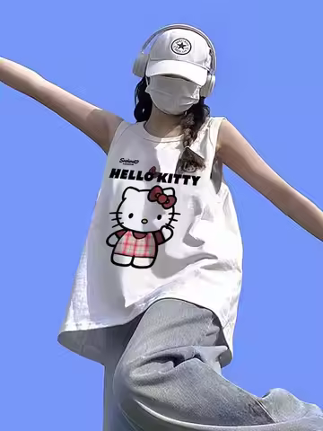 Women's Hello Kitty Cotton Sleeveless Tank Top Cute Cartoon Print Loose Fit Casual Vest Comfortable 