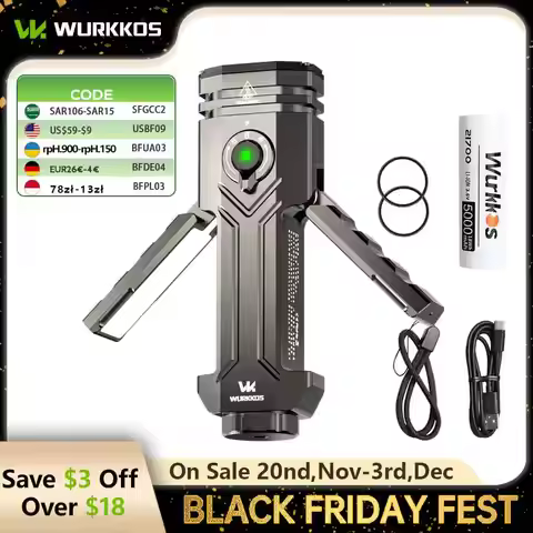 Wurkkos HD02 21700 LED Flashlight Mini UV 3200Lumens Rechargeable 6500K Magnetic Deformation Flashli