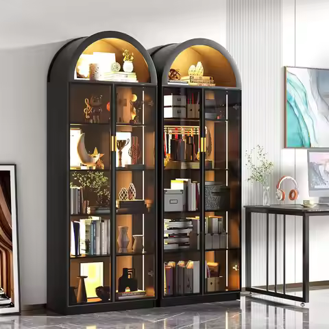 Arch Display Cabinet with Doors and Adjustable Shelves, 76" Tall Curio Cabinet with LED Lights/Stora