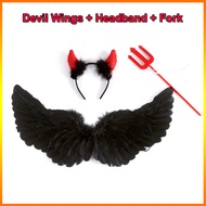 3pcs Black Angel Wings Set Halloween Costume for Kids Feather Devil Wings + Headband + Fork Devil Co