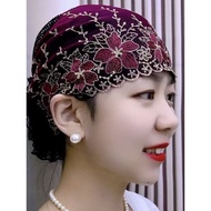 topi topi perempuan Lace Large Plate Flower Bald Head Cover White Hair Embroidered Fashion Headscarf