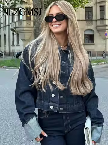 2025 Autumn Women Fashion Loose Short Denim Jacket + Draped Wide-leg Jean 2 Piece Set Suit