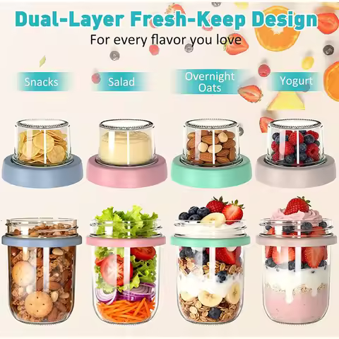 Double Overnight Oatmeal Glass Leak-proof Portable Yogurt Cup With Lid Spoon Wet Dry Separation 4OZ 