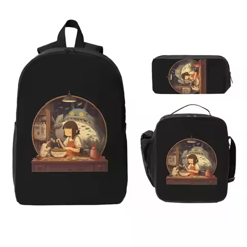 Dark Ghibli Backpack Student Boys Girls BookBag School Bag Computer Shoulder Bags 3ps Insulated Lunc