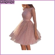 Glitter Starry Tulle Prom Dress for Women Long Sleeve Crew Neck Formal Evening Dress Mesh Cocktail P