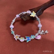 999.9」National Trend Hydrangea Pure Silver Enamel Bracelet Flower Goddess Butterfly New Model「2024Pu