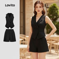 Lovito Chic Buttoned Shorts Set for Women - Black Top and Shorts Combo for Spring/Summer L137ED209