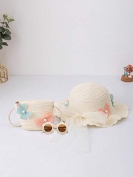 3入組兒童夏季草帽和手提包和太陽眼鏡配件套裝,適用於女孩防曬和旅行