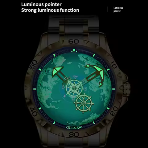 GLENAW Design New Men Watches Nautical Series Traveler Stainless Steel Glowing Waterproof Mechanical