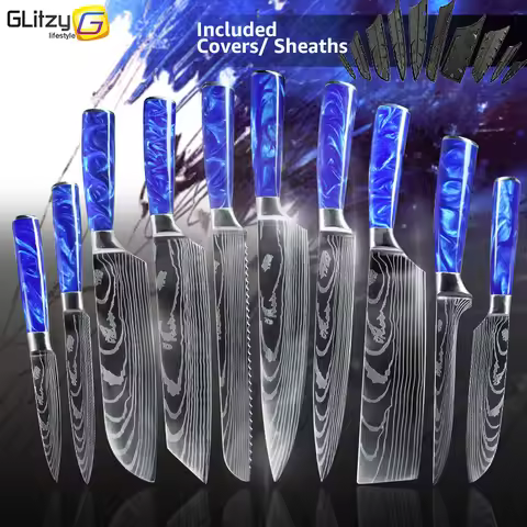 Kitchen Knife Chef Japanese 1- 10Pcs Set 7CR17 440C Stainless Steel Damascus Drawing Meat Cleaver Sl