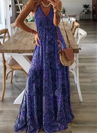 European And American New 2023 Bohemian Style New Strap Long Dress High Waist V-Neck Printed Fragmen