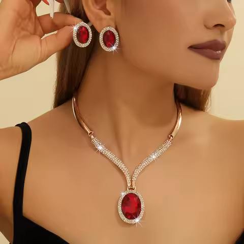 Luxury Red Crystal Necklace Earrings Jewelry Set for Women