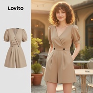 Lovito Women's Casual Khaki Pleated Button Jumpsuit for Spring/Summer L142ED633