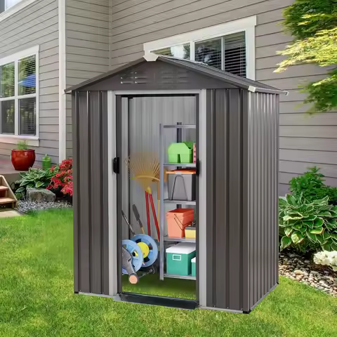 Waterproof Metal Outdoor Storage Shed 5x3x6 FT Garden Tool Shed with Lockable Door and Side Window f