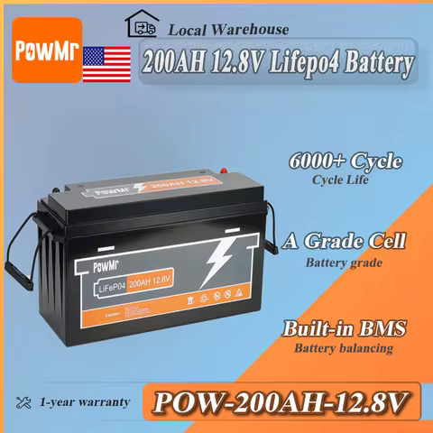 PowMr Lifepo4 Lithium Battery 12V 200AH Battery Grade A 6000+ Cycle With 100A BMS Protect Portable f
