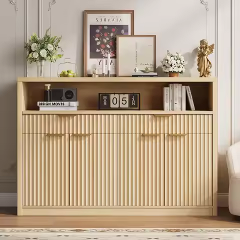 39.4in Boho Rectangular Coffee Table With Rattan Storage Shelf, 2 Tier Mid Century Modern Center Tab