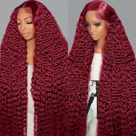 99J Burgundy Deep Wave HD Lace Front Human Hair 46 Inch 200 Density 13x4 13x6 HD Lace Frontal Wigs F