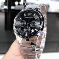 ARMANI手錶,編號AR00019,42mm銀圓形精鋼錶殼,黑色三眼, 中三針顯示, 運動錶面,銀色精鋼錶帶款