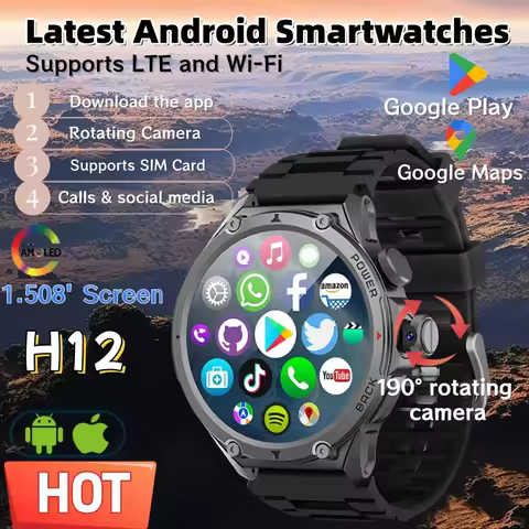 Latest Model H12 Smart Watch 4G SIM Card Android 180°Rotatable Camera Google Play 1.508'AMOLED GPS W