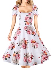 Women's Puff Short Sleeve 1950s Party Dresses Square Neck Aline Dress with Pockets