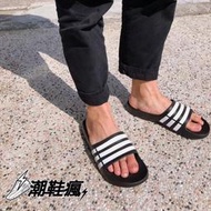 {潮鞋瘋} ADIDAS DURAMO SLIDE 拖鞋 一體成型 黑色/白條紋 情侶款(女段)  G15890